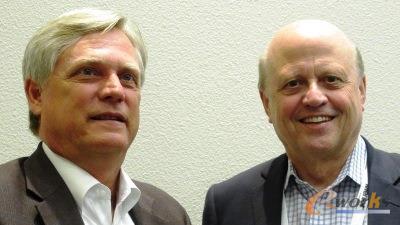 Siemens PLM执行总裁Chuck Grindstaff （左）与Mentor执行长Walden Rhines在DAC 2017连袂现身